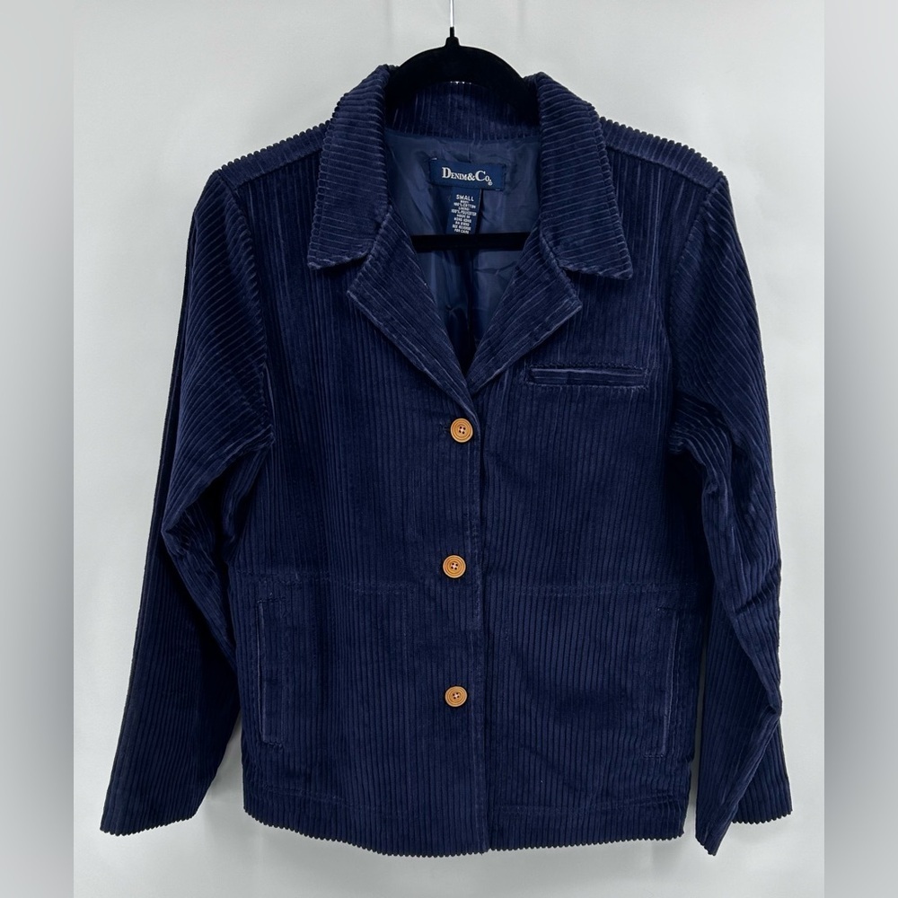Denim & Co Womens Navy Corduroy Classic Preppy Blazer Size S